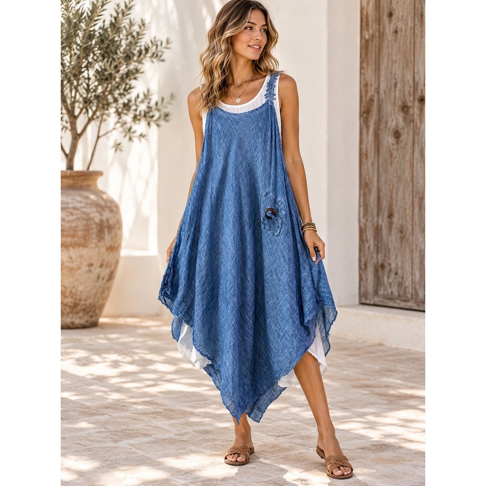 Zury Handkerchief Dress Womens S/M Blue Cotton Crochet Back Boho Lagenlook Gauze